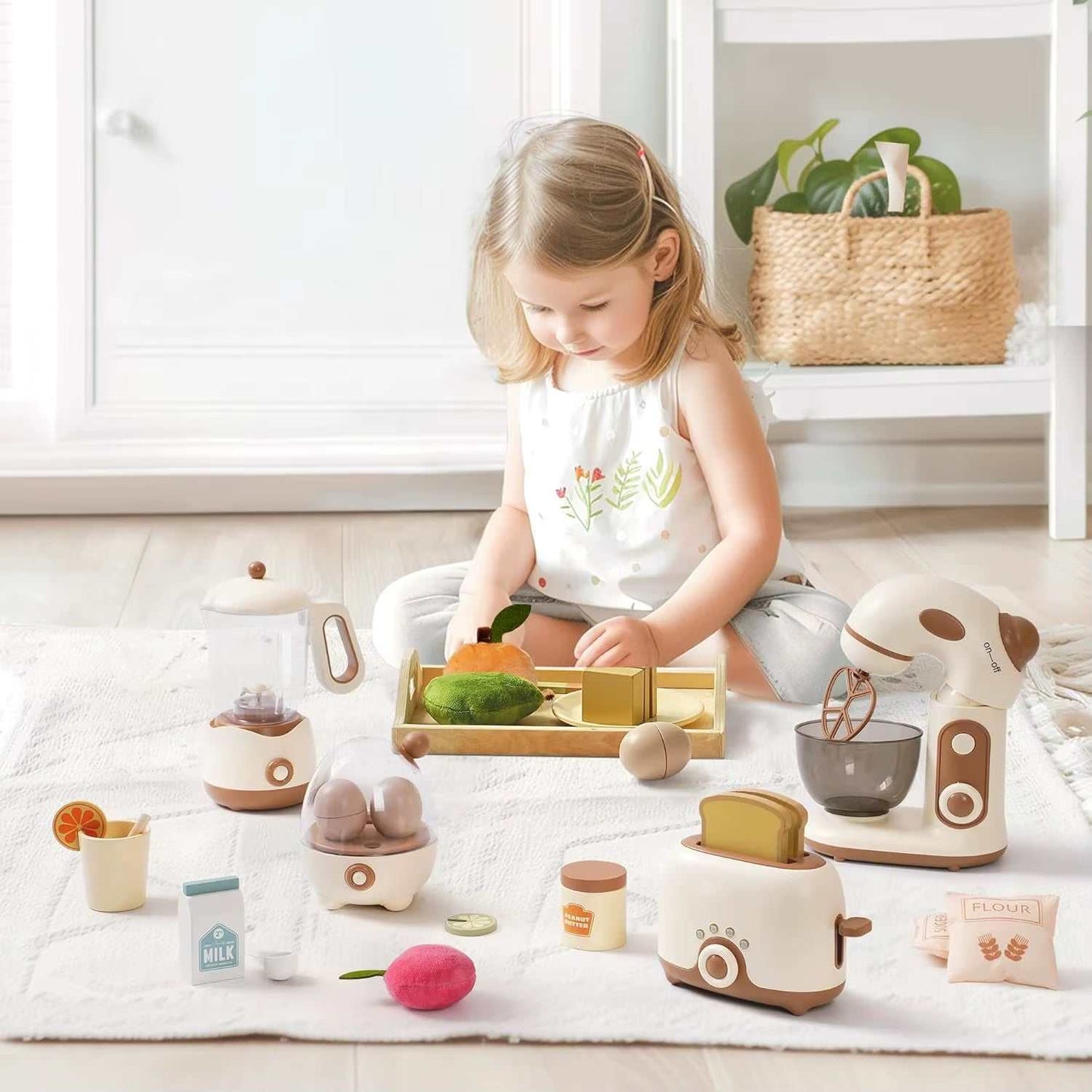 Child playing with a Kids Toaster Mixer Blender Playset Toy featuring wooden kitchen appliances and accessories on a white rug for imaginative and educational pretend play.