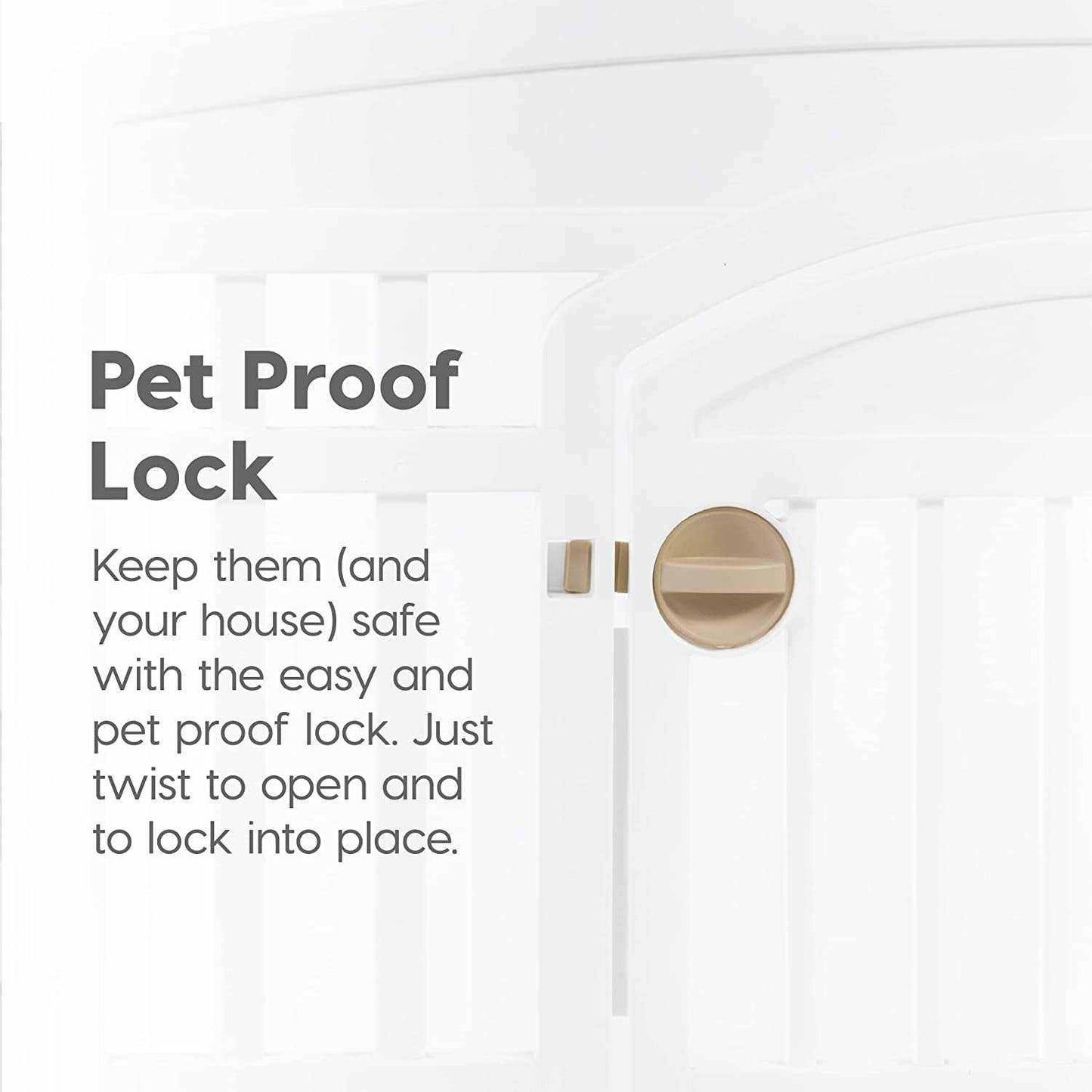 Close-up of a white pet exercise playpen door featuring a secure, pet-proof twist lock for safe and easy access.