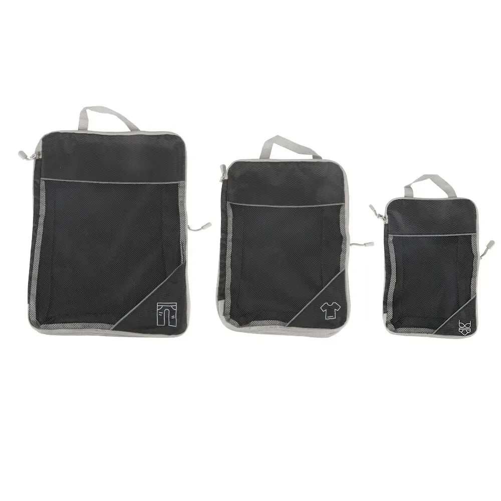 Travel storage organizer set with three black packing cubes featuring durable mesh panels and handles.