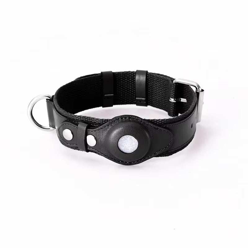 Black leather pet collar with adjustable buckle and Apple Airtag holder for tracking