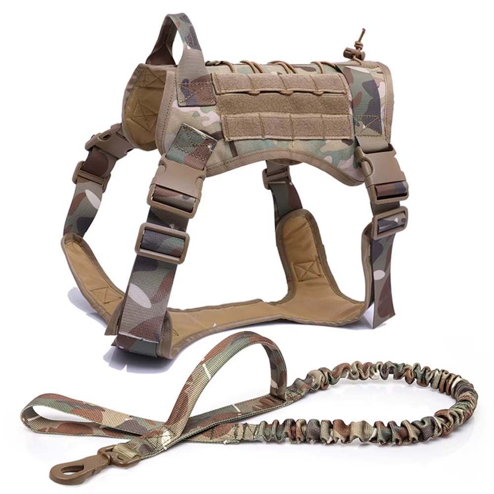 Camouflage tactical dog harness and leash set with adjustable straps and MOLLE webbing for medium to large dogs.
