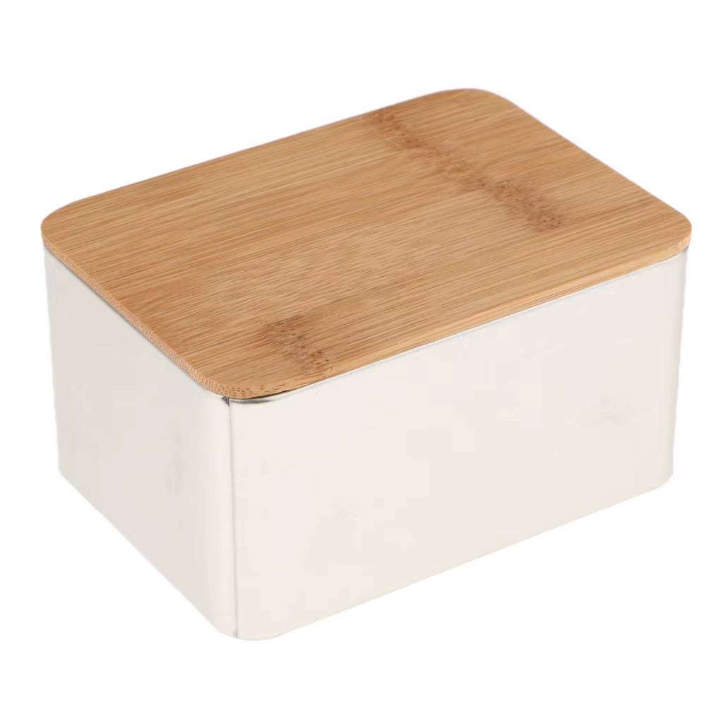 Kitchen metal storage box with airtight bamboo lid for organizing dry goods and preserving freshness.