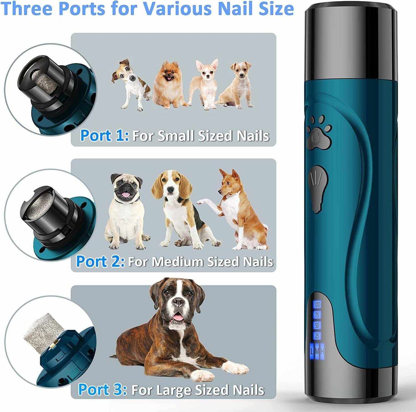Dog rechargeable nail grinder kit with three ports for small, medium, and large pet nails, ergonomic design, and digital speed display