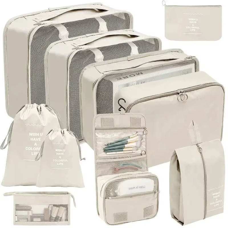 Travel organizer storage bag set with multiple sizes, perfect for packing clothes, shoes, and accessories.