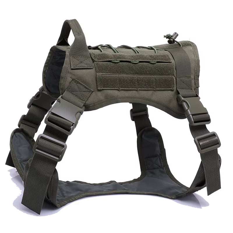 Tactical dog harness with adjustable straps, heavy-duty nylon, and MOLLE webbing for medium to large active dogs.
