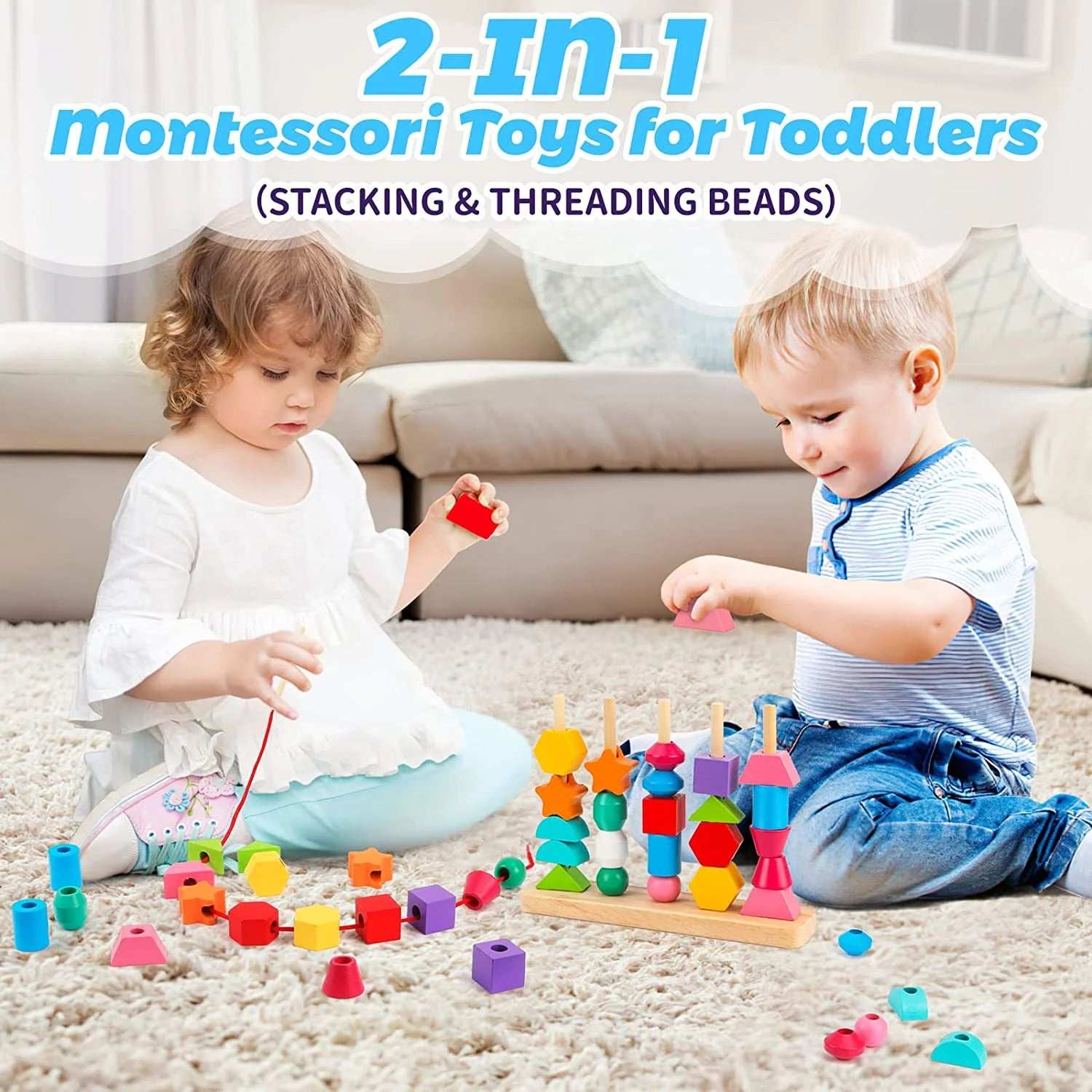 Montessori educational toy for toddlers, featuring vibrant colors and shapes for stacking and threading, enhancing cognitive development and motor skills.