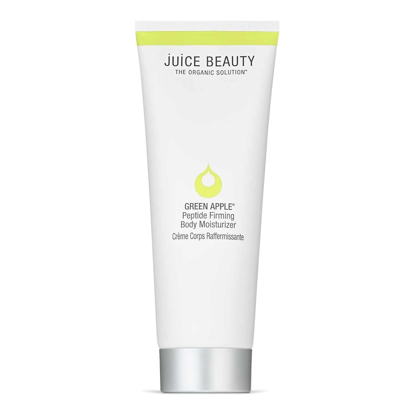 Juice Beauty Green Apple Peptide Firming Body Moisturizer in white tube with green accents for hydrating and firming skin