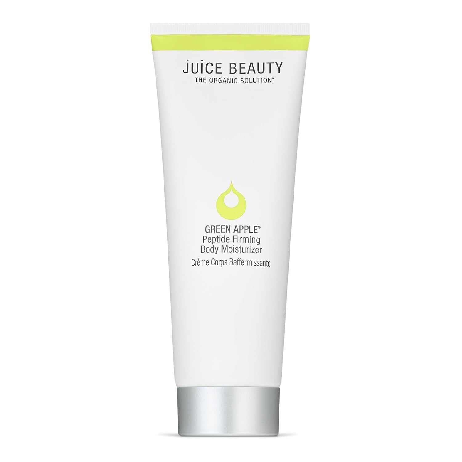 Juice Beauty Green Apple Peptide Firming Body Moisturizer in white tube with green accents for hydrating and firming skin