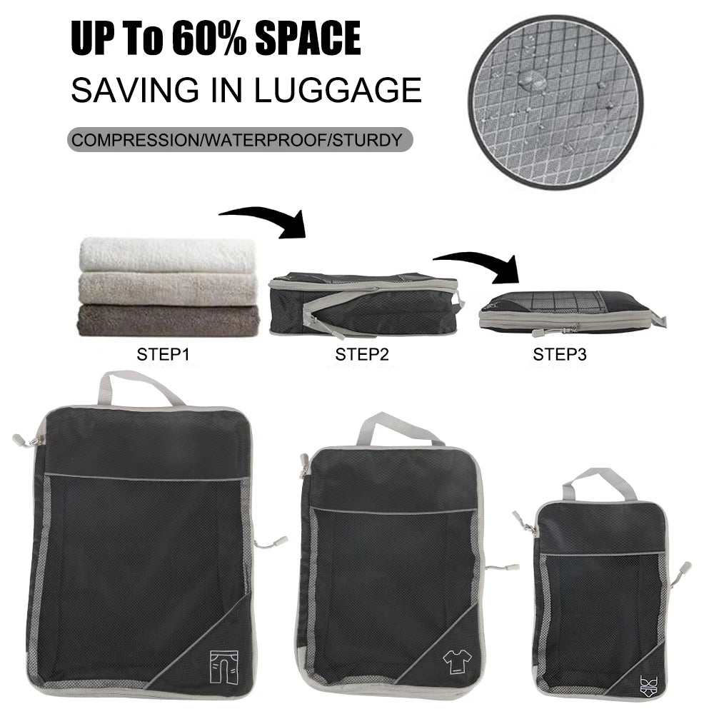 Travel storage organizer set demonstrating up to 60% space saving in luggage with compression, waterproof, and sturdy features.