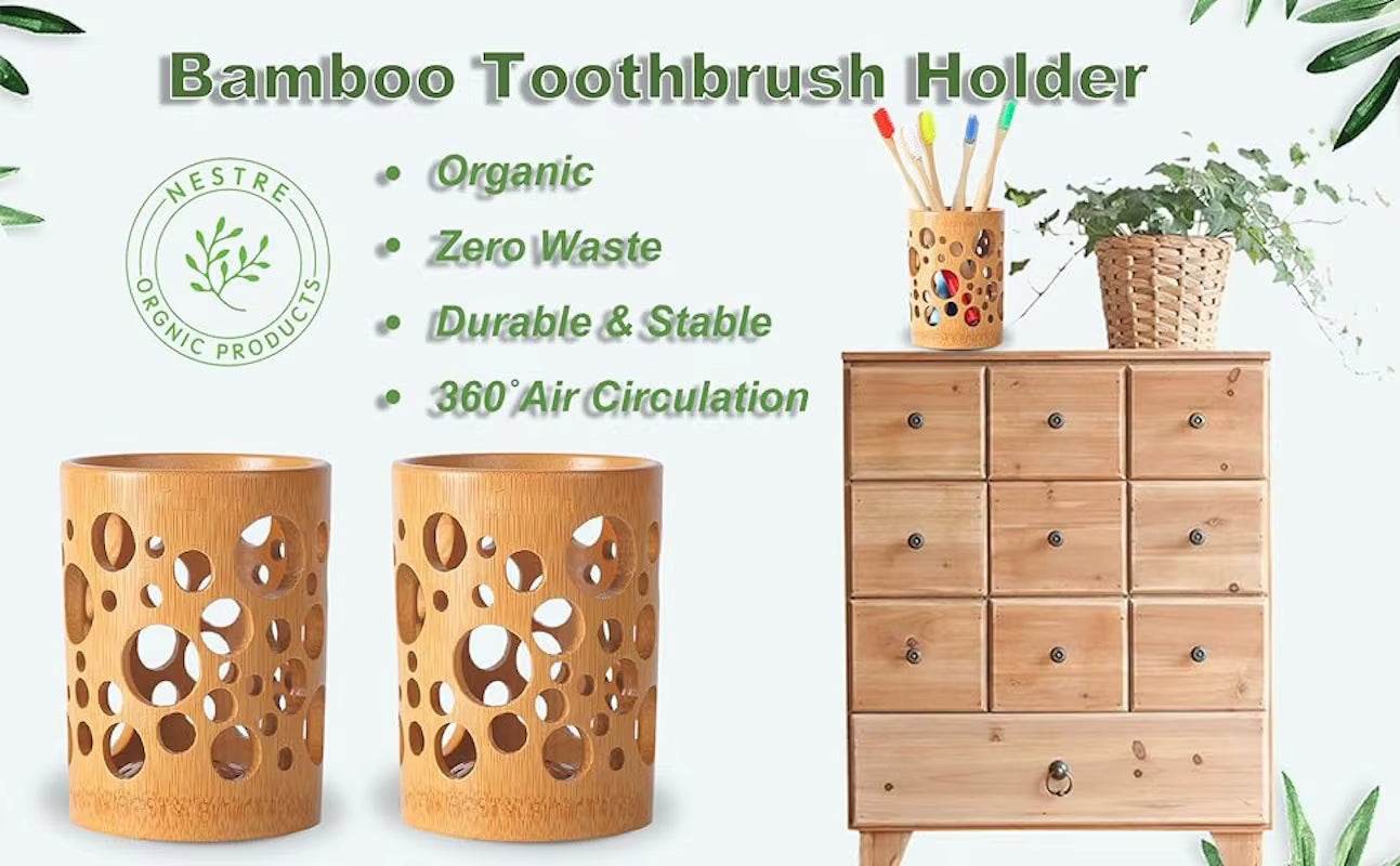Bamboo toothbrush organizer with organic, zero waste design featuring durable construction and 360° air circulation slots.