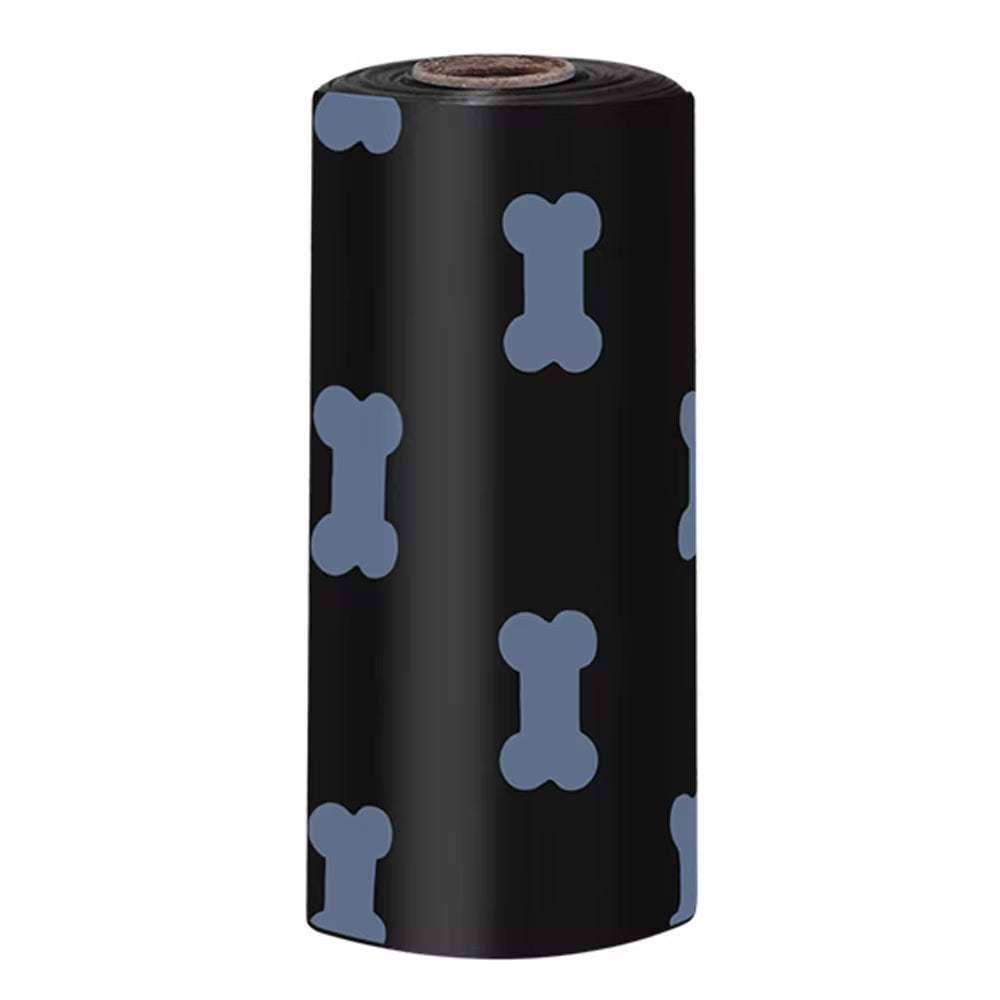 Black dog poop bag roll with blue bone pattern for outdoor use