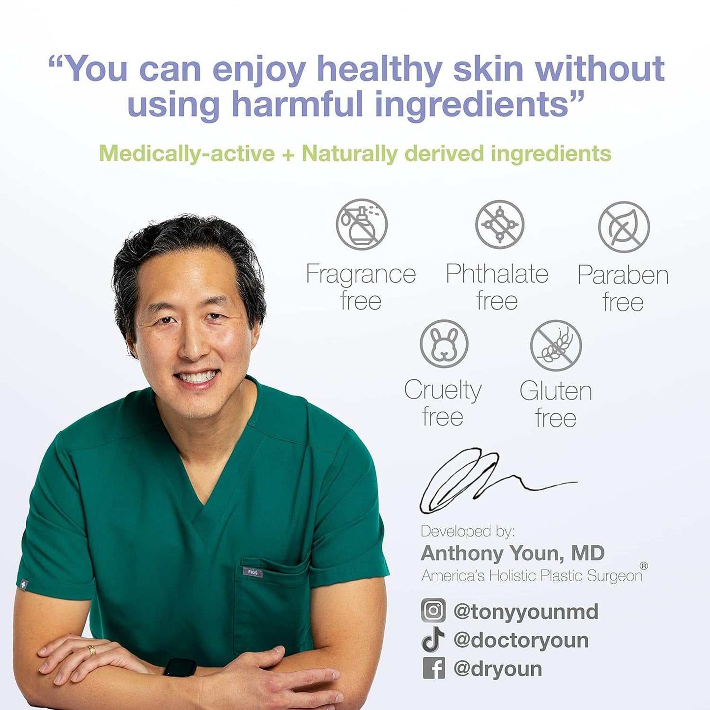 Smiling doctor endorsing paraben-free facial cleanser with natural ingredients and free from fragrance, phthalates, cruelty, and gluten.