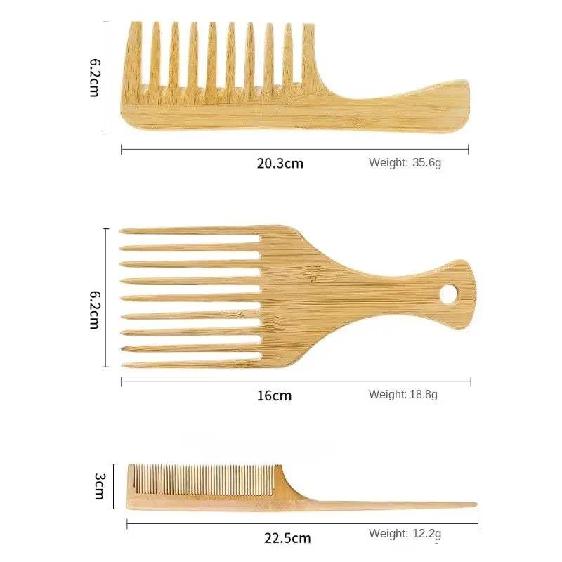 Set of three bamboo wooden hair combs including a wide-tooth comb, a hair pick, and a fine-tooth comb with natural bamboo finish for gentle detangling and styling.