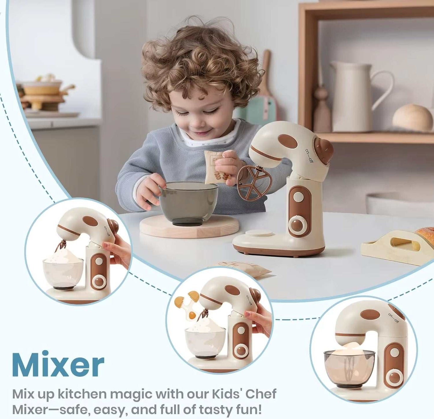 Kids toaster mixer blender playset toy with child engaging in pretend play, featuring wooden kitchen appliances like mixer and vibrant design.