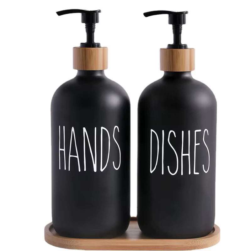 Black 500ML soap and dish pump set with wooden pump tops and tray, labeled "HANDS" and "DISHES" for kitchen sink organization.