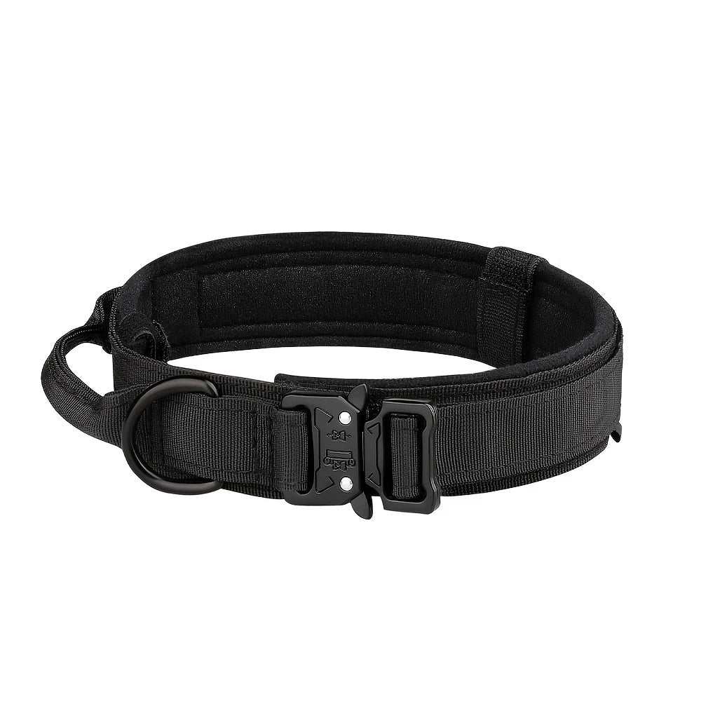Black heavy-duty tactical dog collar with quick-release buckle and padded interior for secure fit and comfort