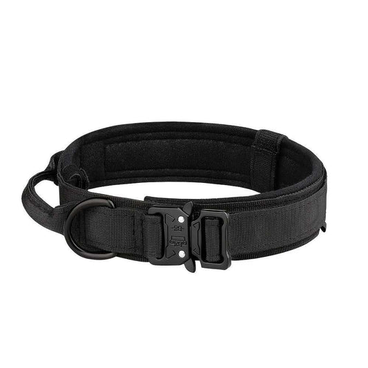 Black heavy-duty tactical dog collar with quick-release buckle and padded interior for secure fit and comfort