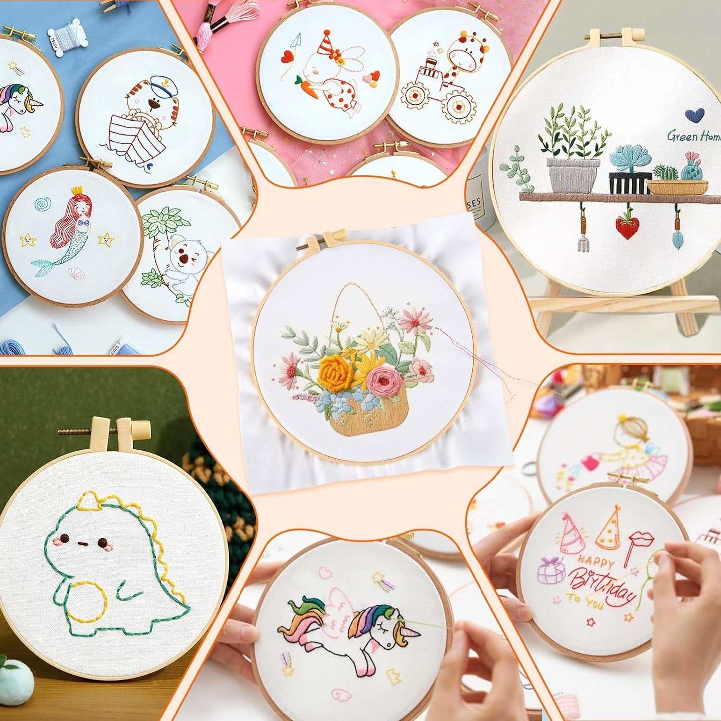 Pre-cut natural cotton embroidery fabric showcasing colorful hoop designs.