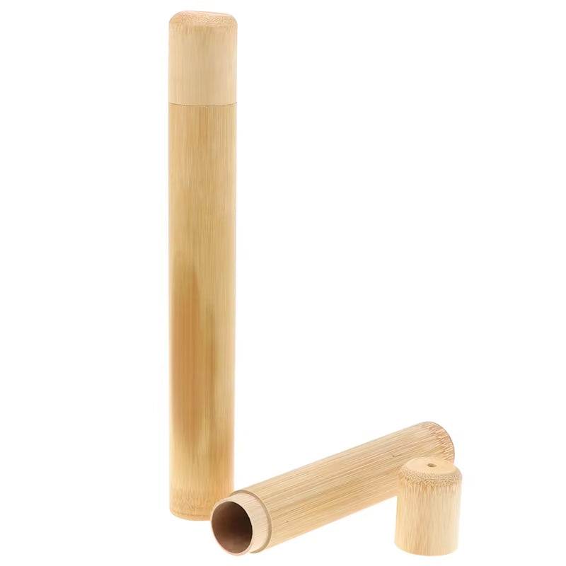 Eco-friendly portable travel bamboo toothbrush tube, natural and sustainable.