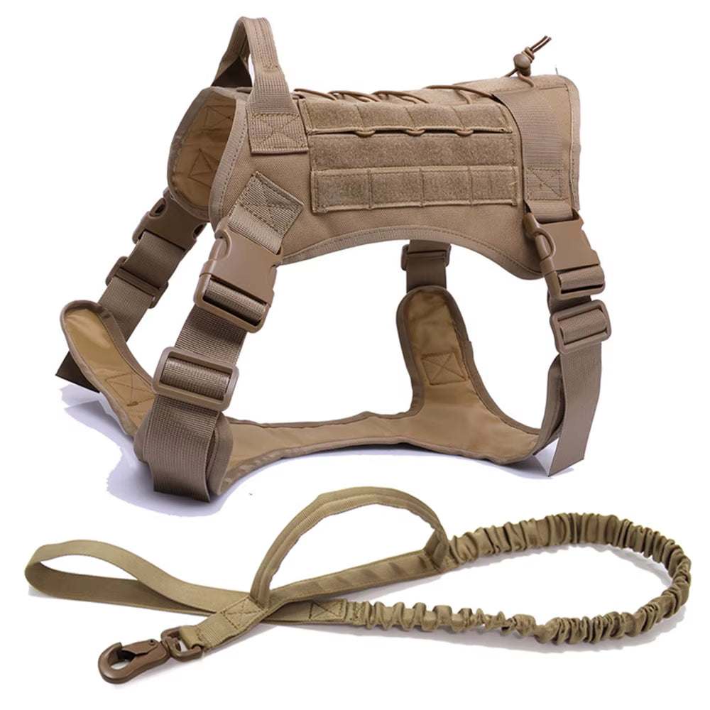 Tactical dog harness and leash set for medium to large dogs with adjustable fit, MOLLE webbing, reflective strips, and quick-release buckles in coyote color