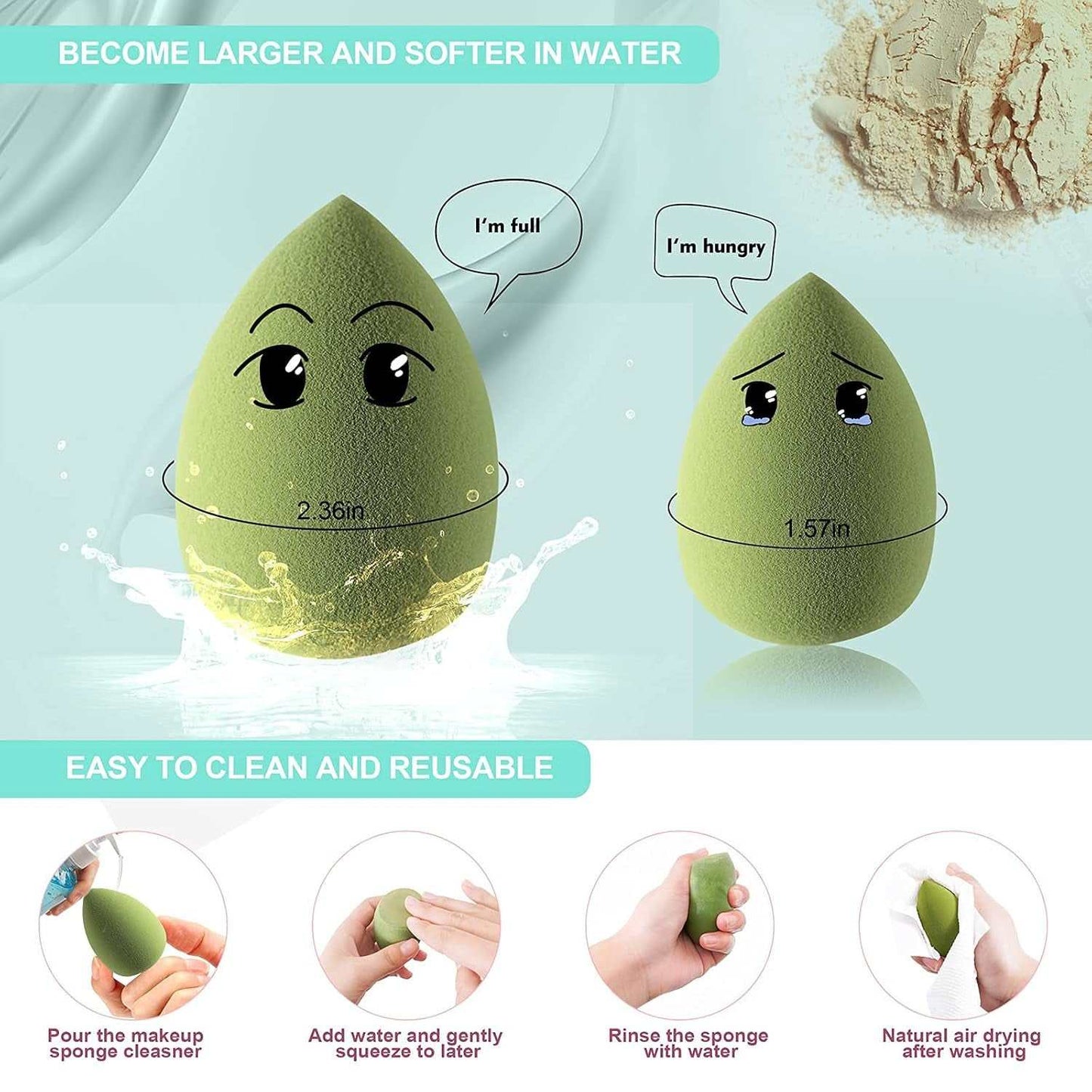 Set of four avocado green latex-free makeup beauty blending sponges with storage box, showing size difference when wet and dry, easy to clean and reusable.
