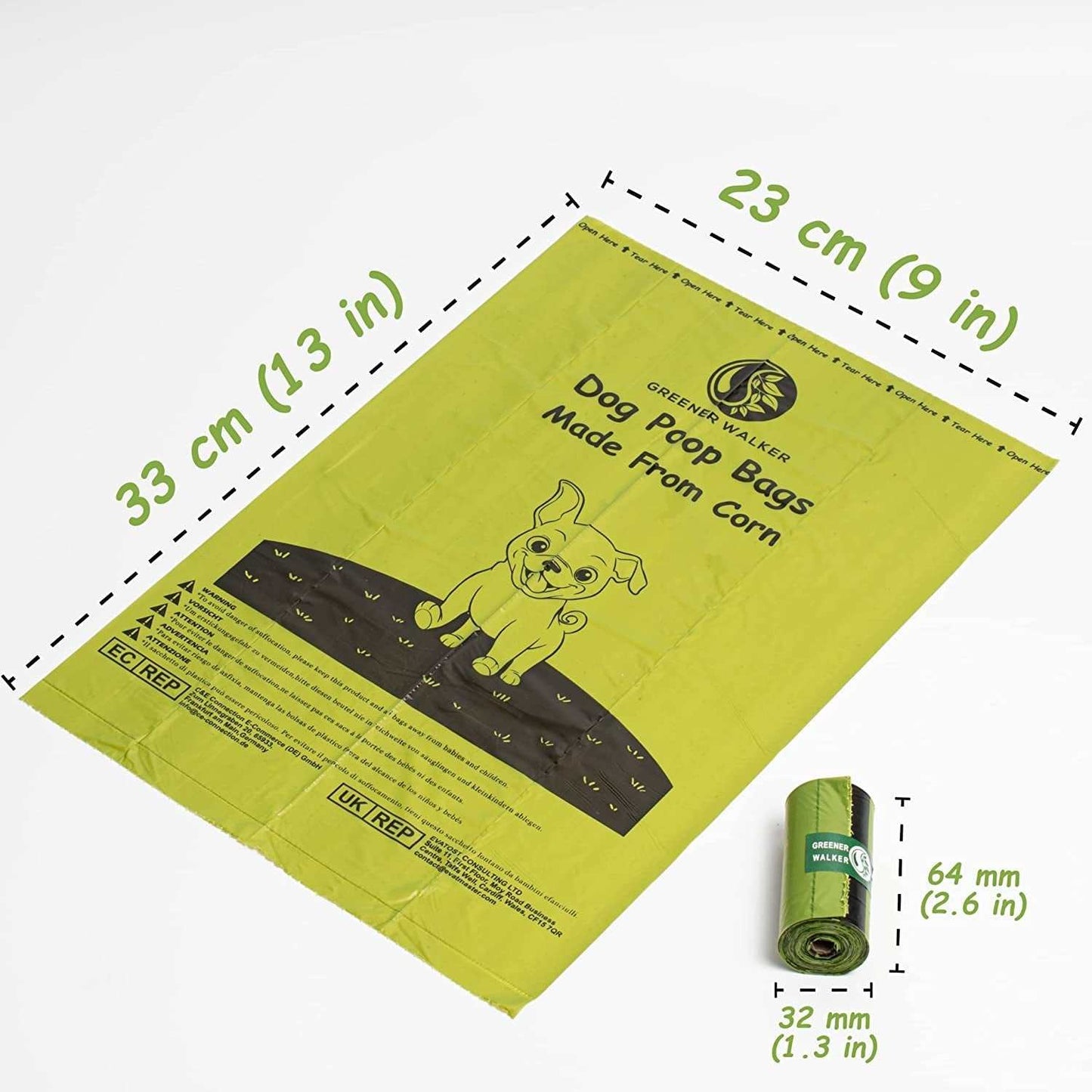 Green biodegradable dog poop bag made from corn with dimensions 33x23 cm and a roll size of 64 mm by 32 mm, eco-friendly and leak-proof.