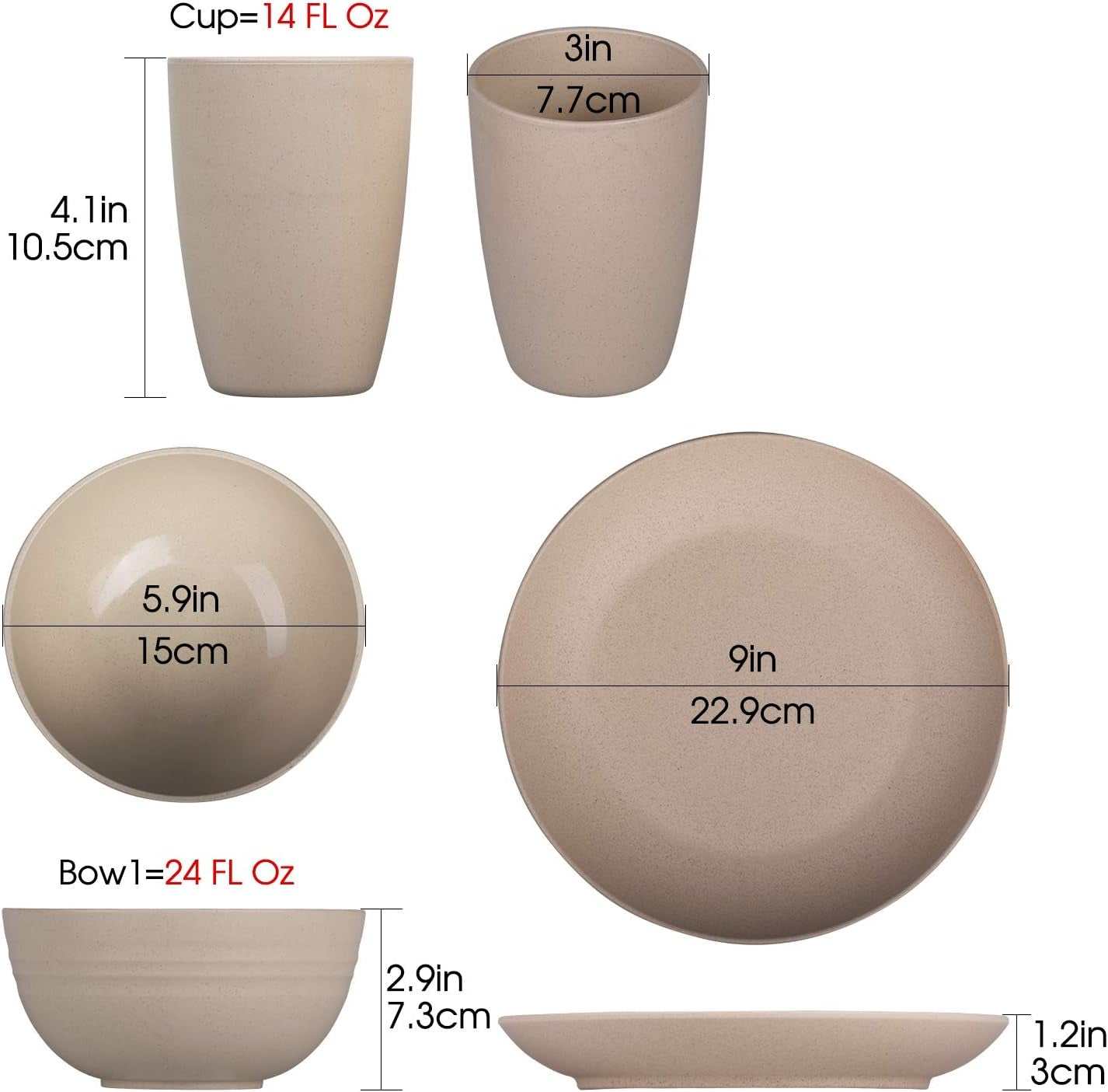 Unbreakable dinnerware set with bowls, plates, and cups made from wheat straw, featuring measurements and capacity details.