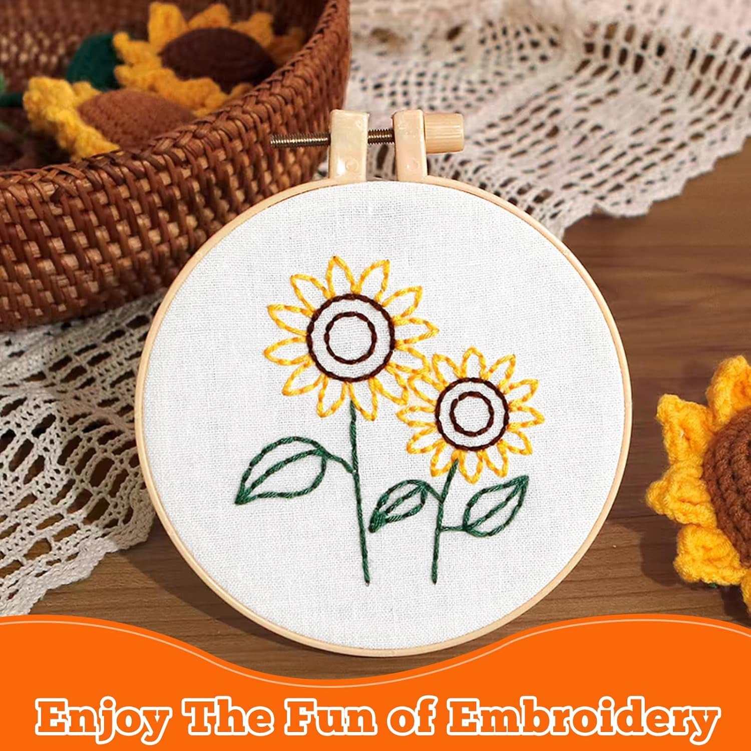 Pre-cut natural cotton embroidery fabric with sunflower design, perfect for crafts and sewing projects.
