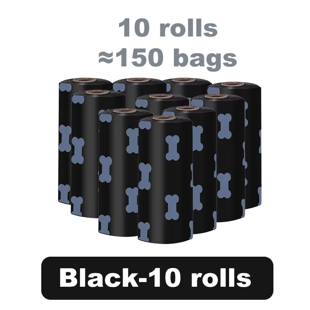 Black dog waste bags with bone pattern, 10 rolls, approximately 150 biodegradable bags for outdoor use with LED light dispenser