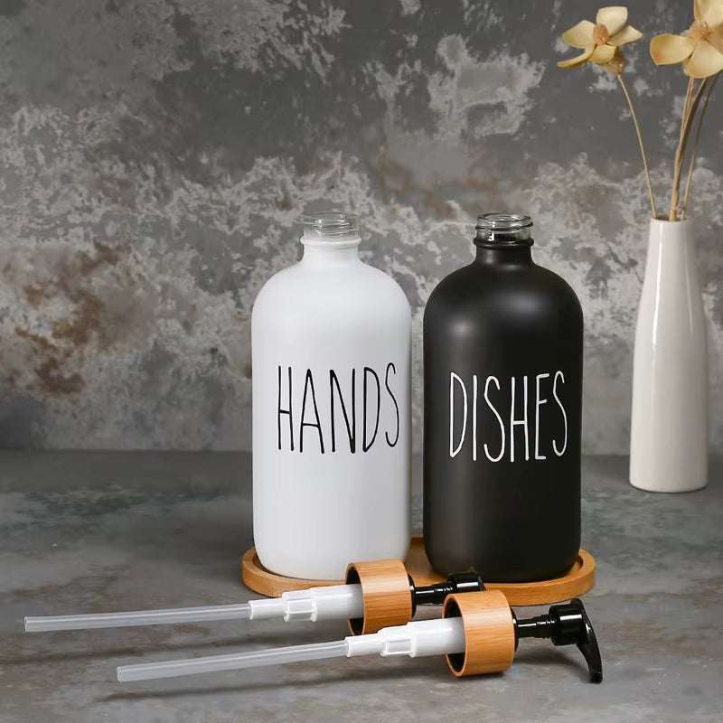 500ML soap and dish pump set with labeled black and white bottles and wooden pump tops on tray