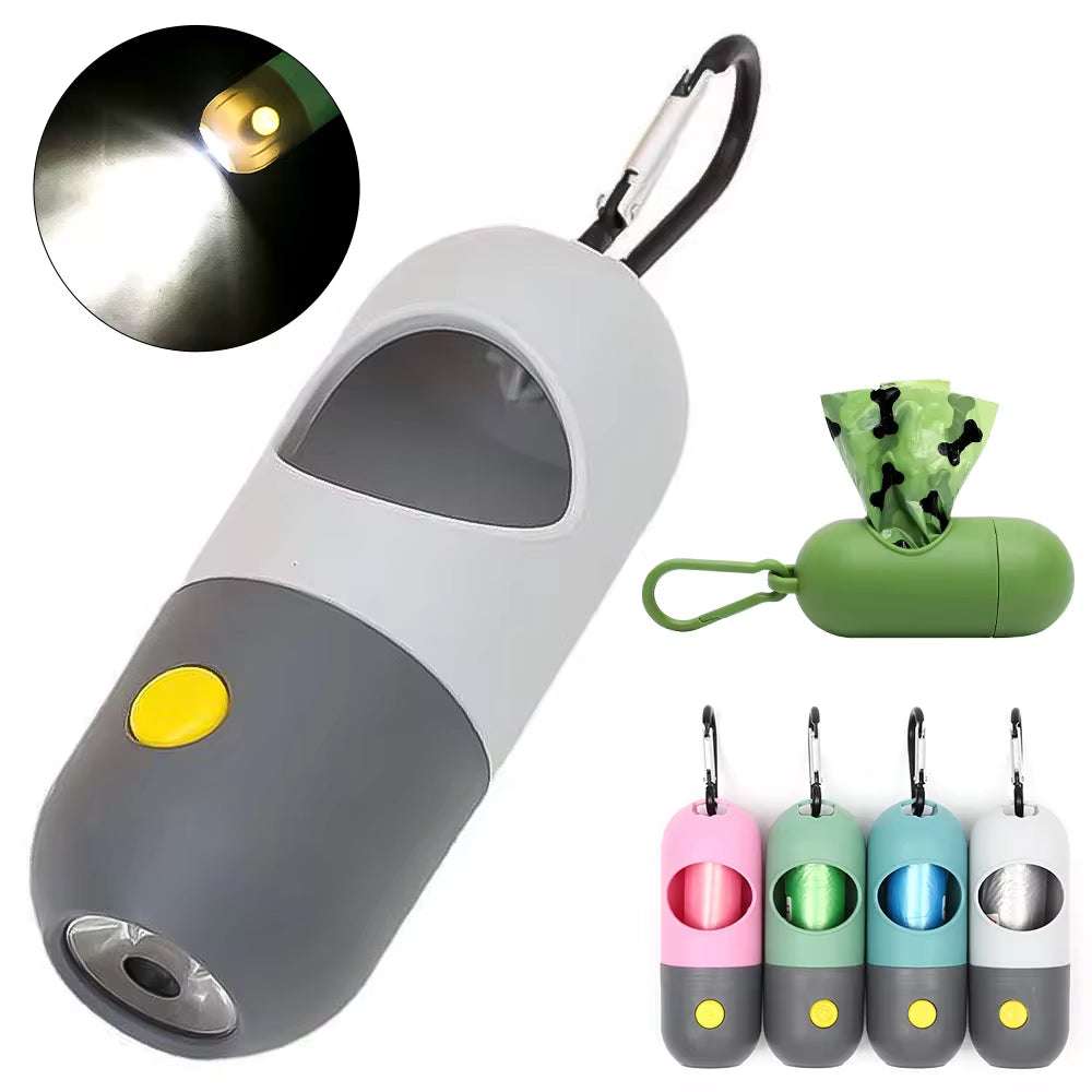 Portable dog outdoor LED light poop bag dispenser with eco-friendly waste bags and carabiner attachment for night walks