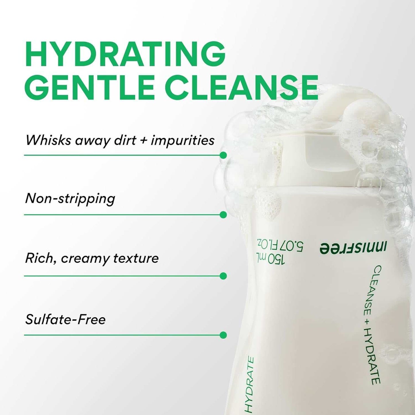 Deep cleansing hydrating amino acid face wash with green tea, sulfate-free and gentle for all skin types.