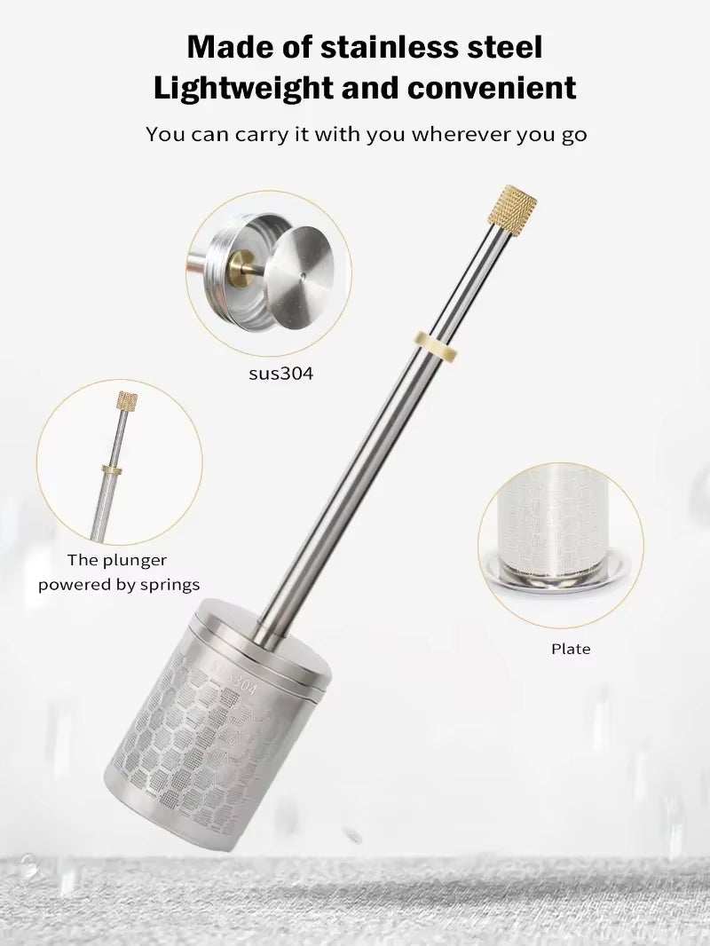 Stainless steel reusable coffee filter with plunger, lightweight and convenient for eco-friendly brewing.