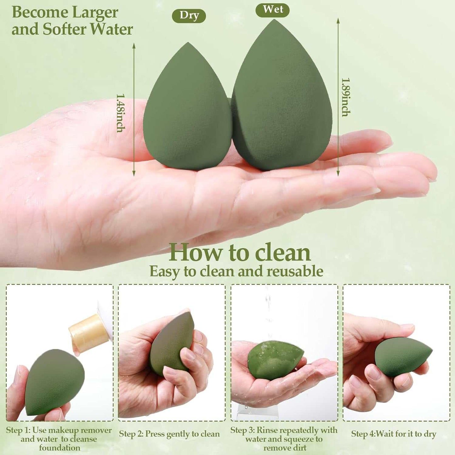 Hand holding green makeup sponge before and after wetting with cleaning instructions for reusable makeup sponge set