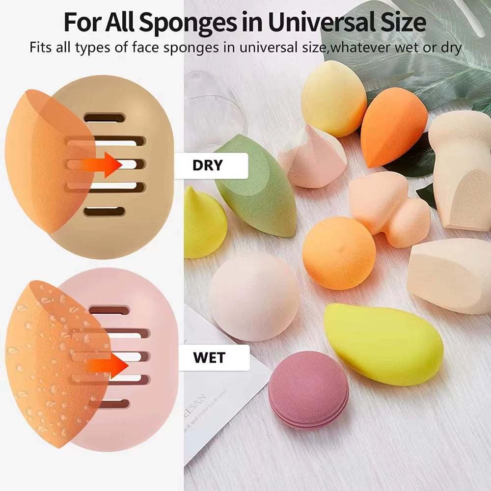 Eco-friendly makeup sponge holder with ventilated design for wet and dry sponges in universal size.