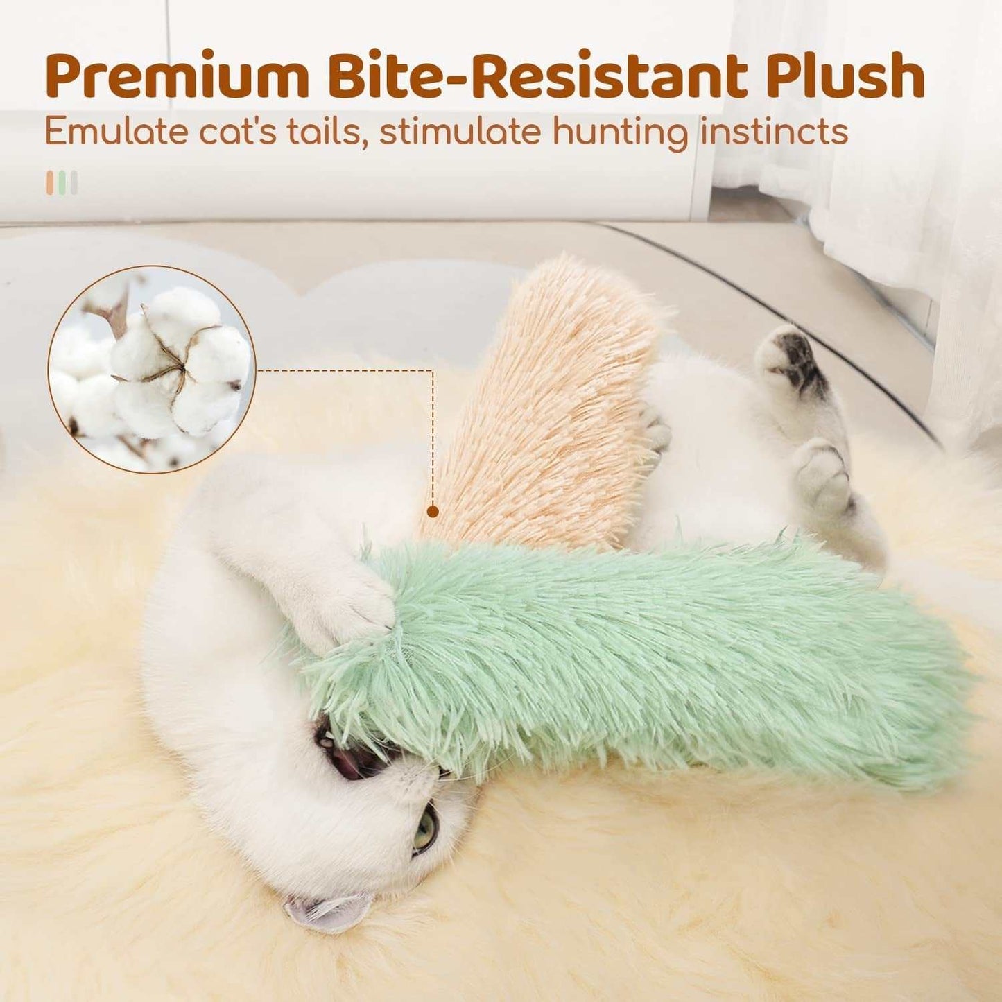 White cat playing with soft, plush, catnip-infused catnip cat toys designed to stimulate hunting instincts and provide bite-resistant fun