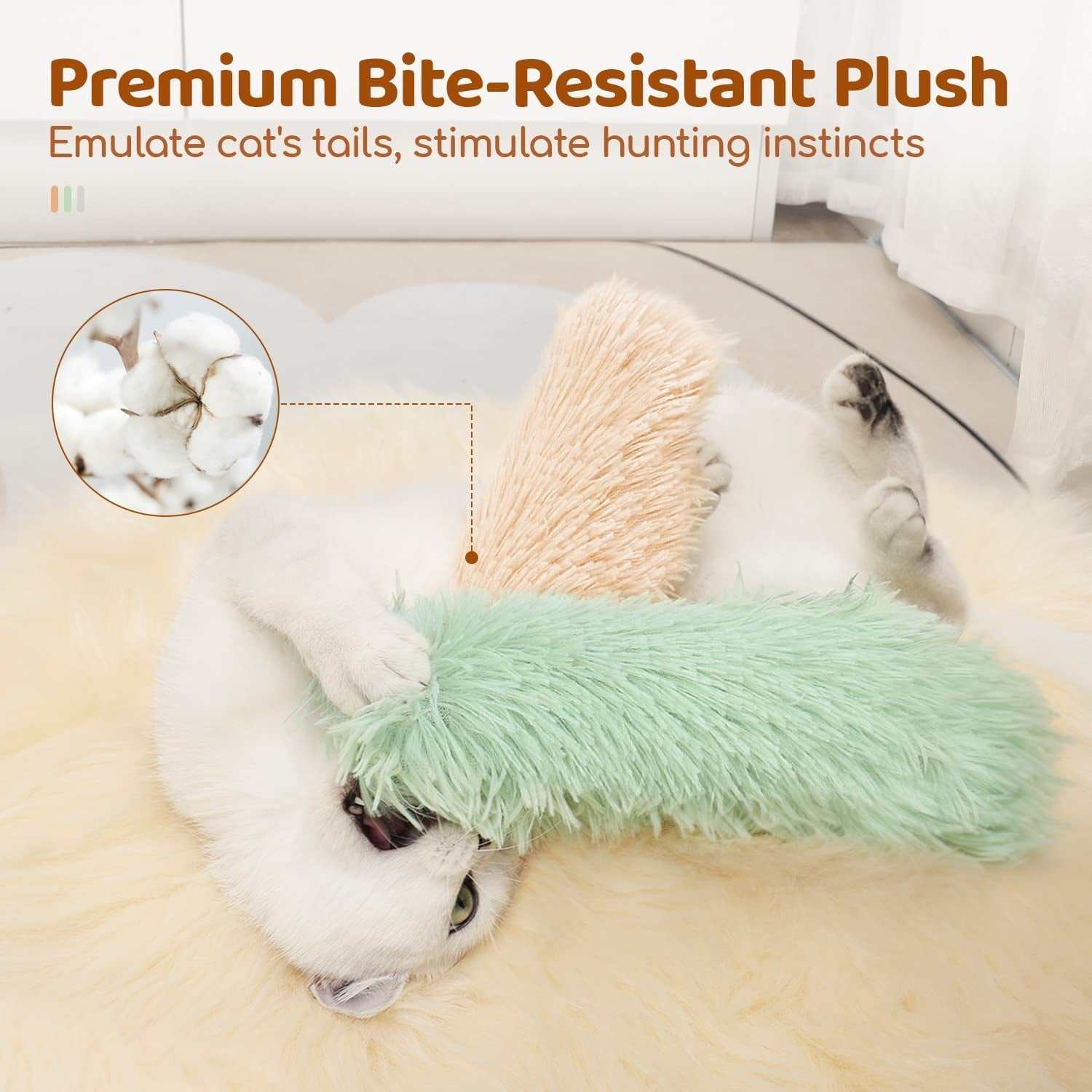 White cat playing with soft, plush, catnip-infused catnip cat toys designed to stimulate hunting instincts and provide bite-resistant fun