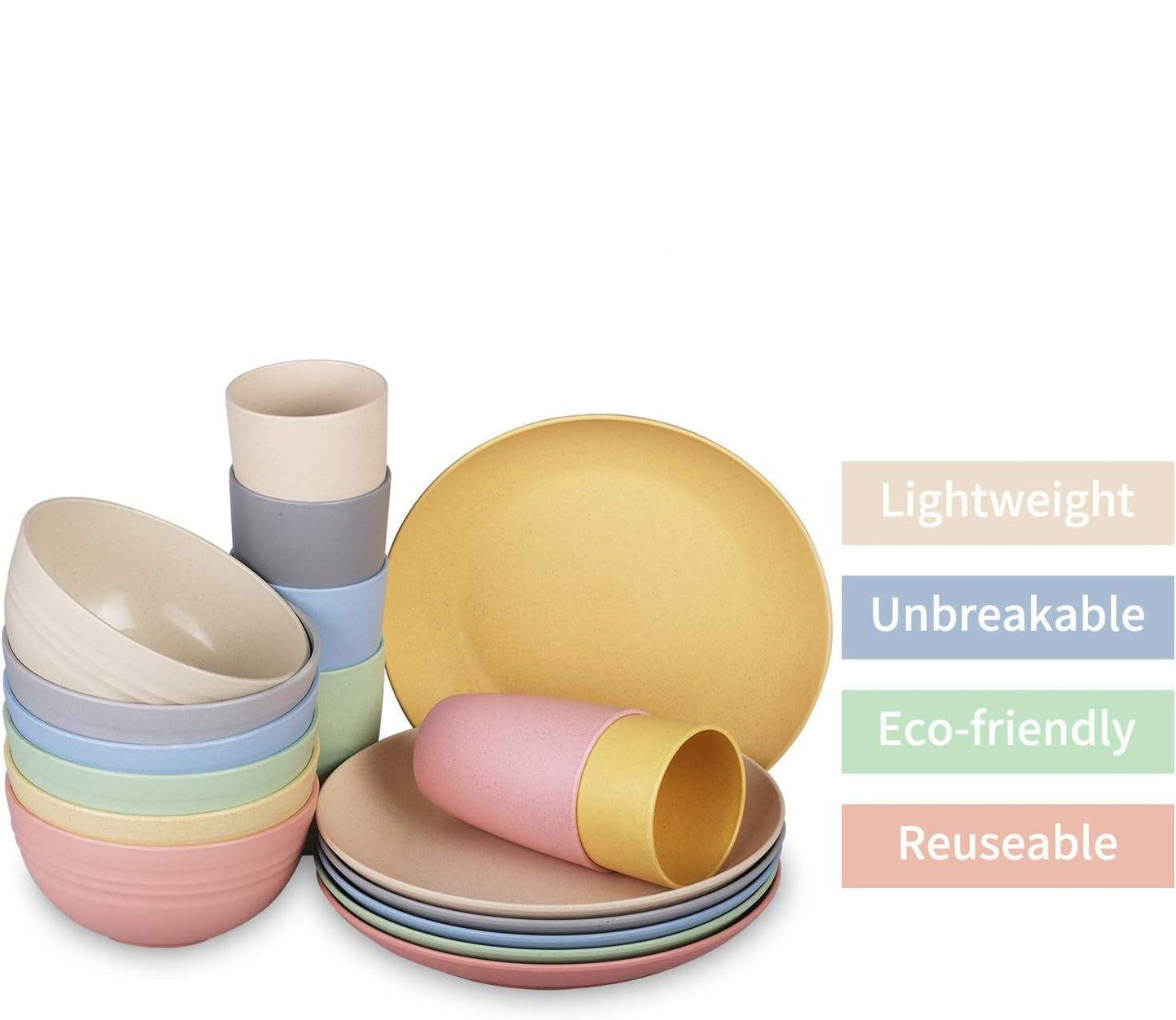 Unbreakable wheat straw dinnerware set with plates, bowls, and cups in assorted colors, eco-friendly and lightweight.