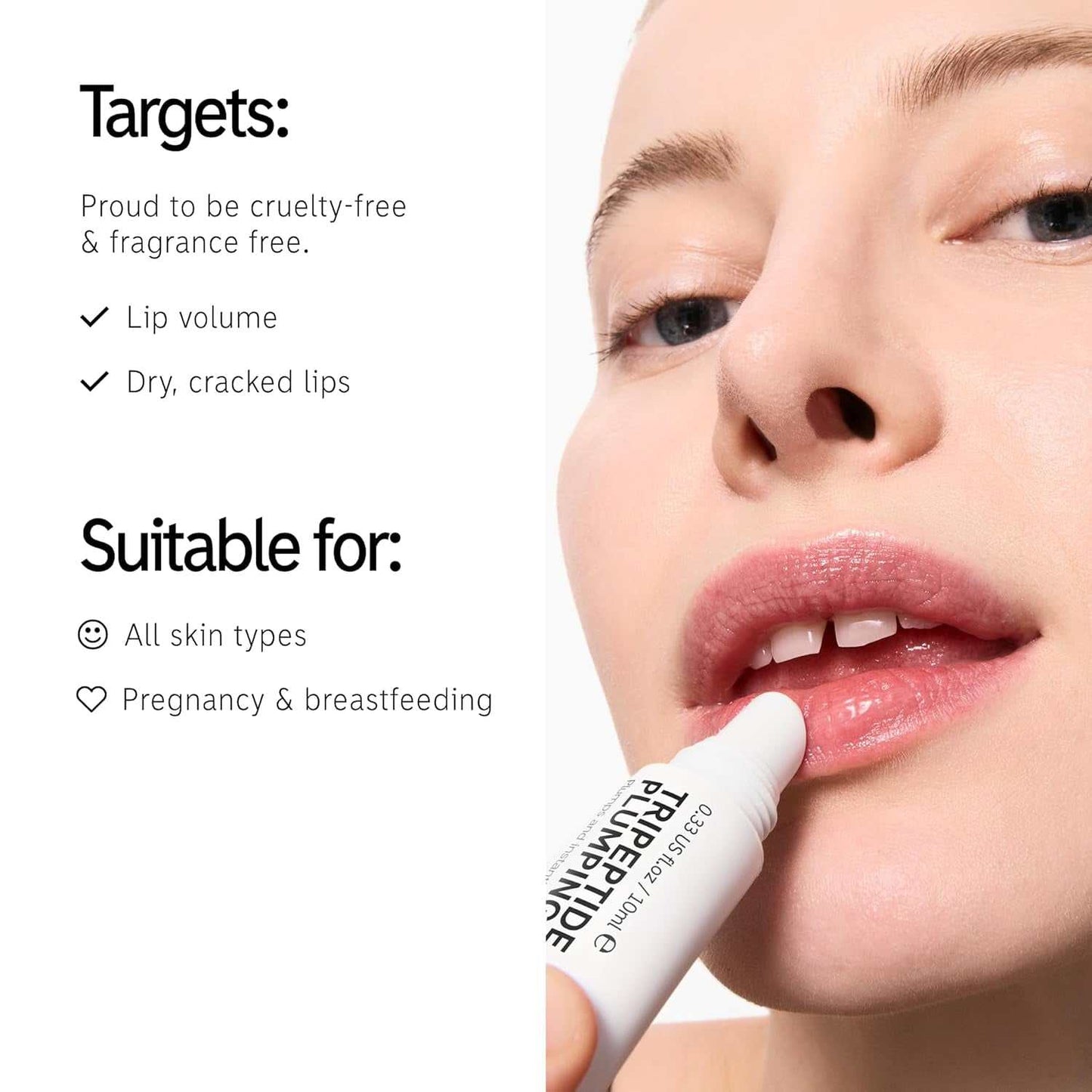 Cruelty-free tripeptide plumping lip balm for hydration and natural berry tint.