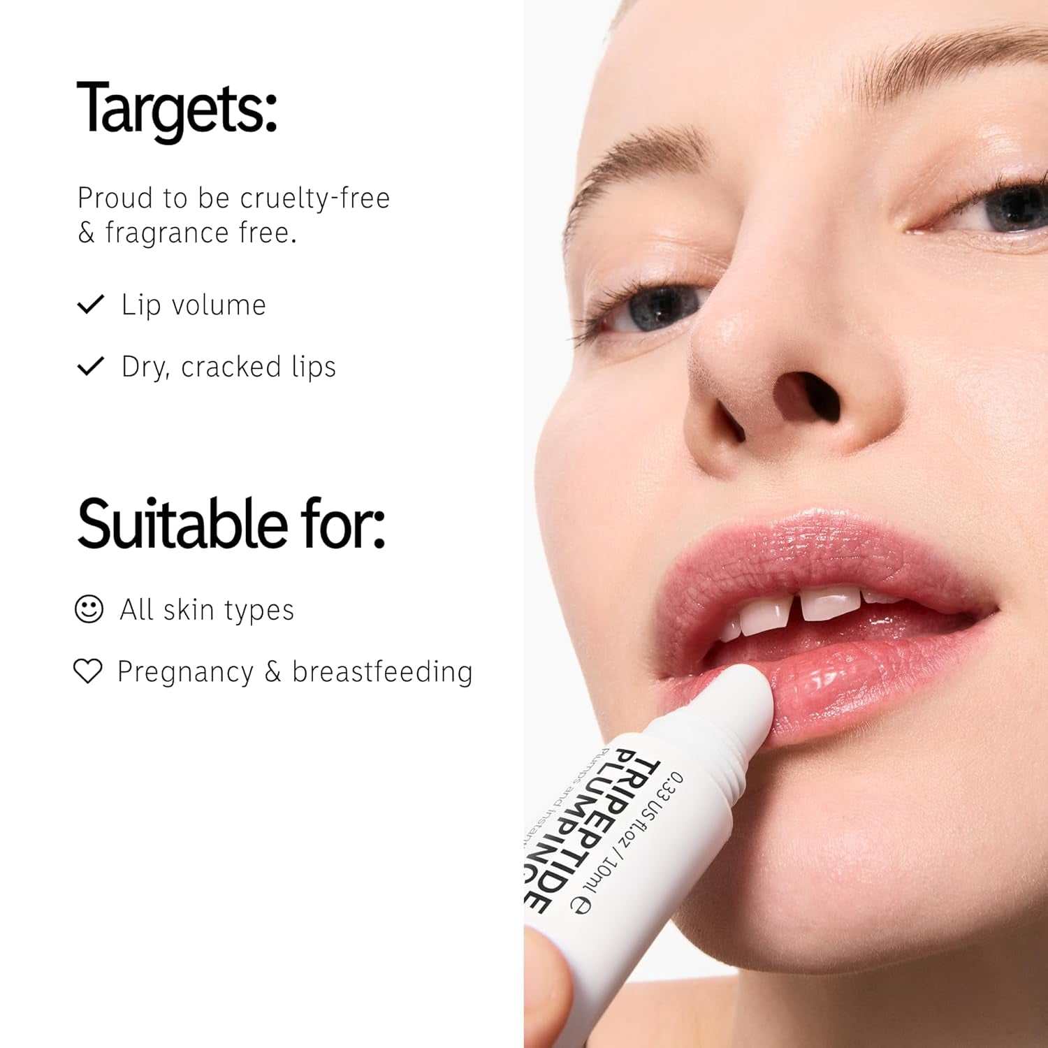 Cruelty-free tripeptide plumping lip balm for hydration and natural berry tint.