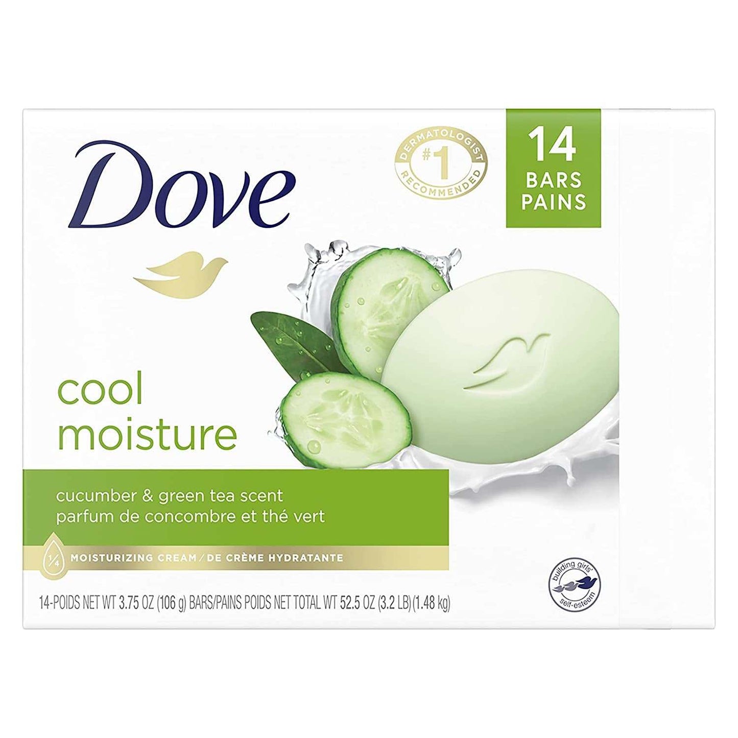 Dove Ultra-Moisturizing Skin Care Beauty Bar with cucumber and green tea scent, 14 bars pack for moisturizing and soothing dry, sensitive skin.