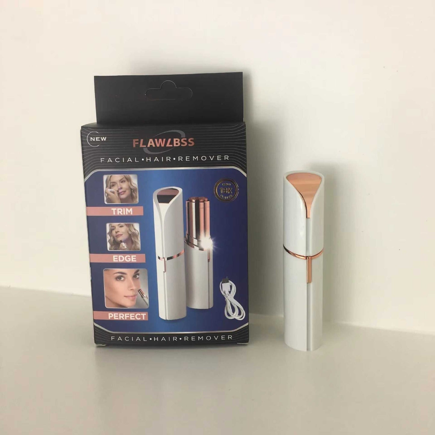 Portable Electric Hair Removal Trimmer with lipstick-style design and packaging, ideal for eyebrow and facial hair removal.