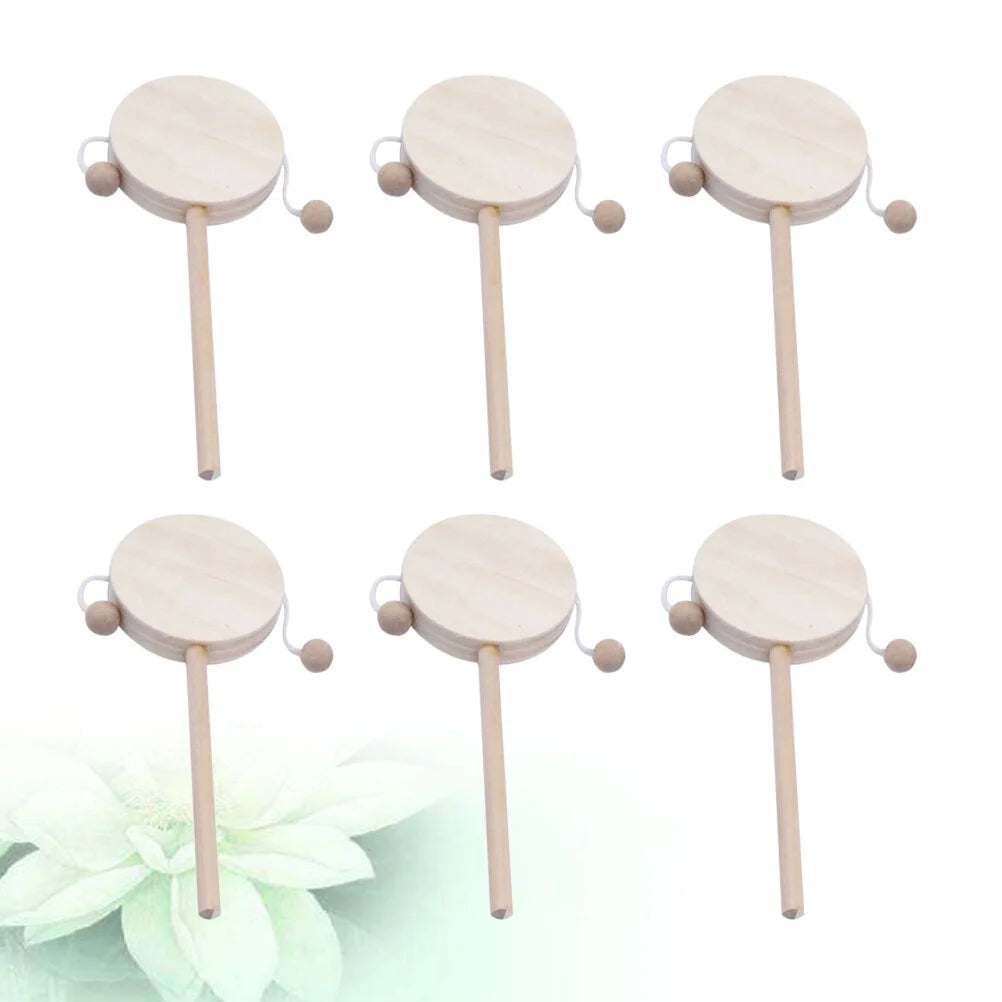 DIY rattle-drum set with six wooden shaking toys for crafting and music play.