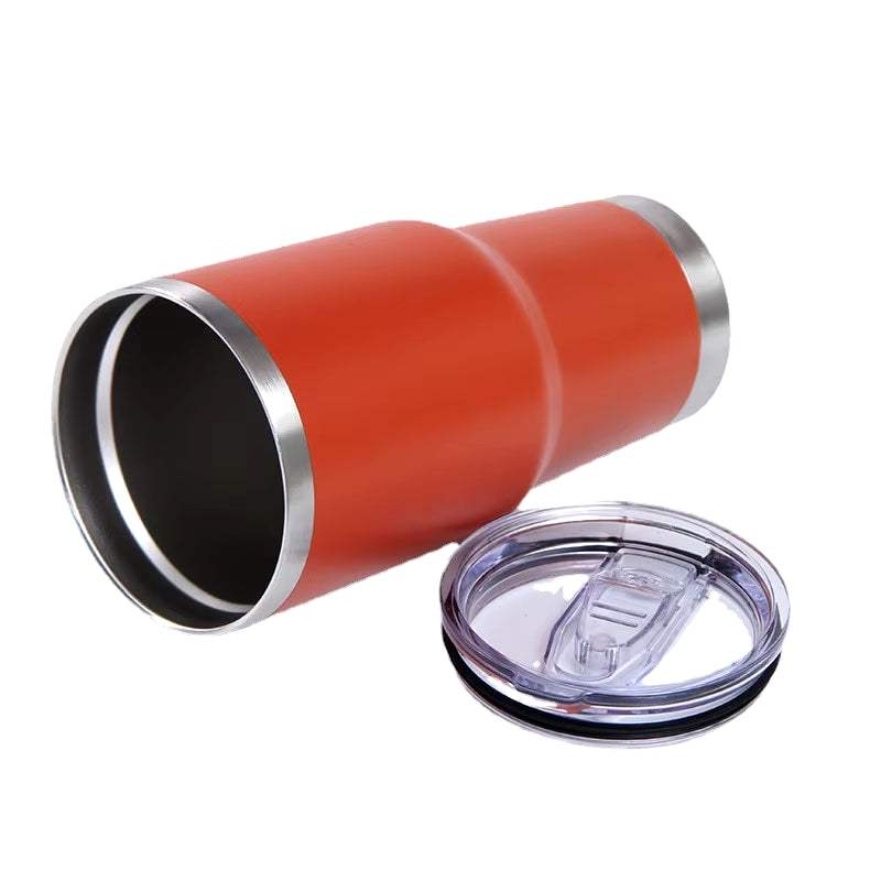 Stainless steel tumbler with lid, ideal for travel, keeps drinks hot or cold.