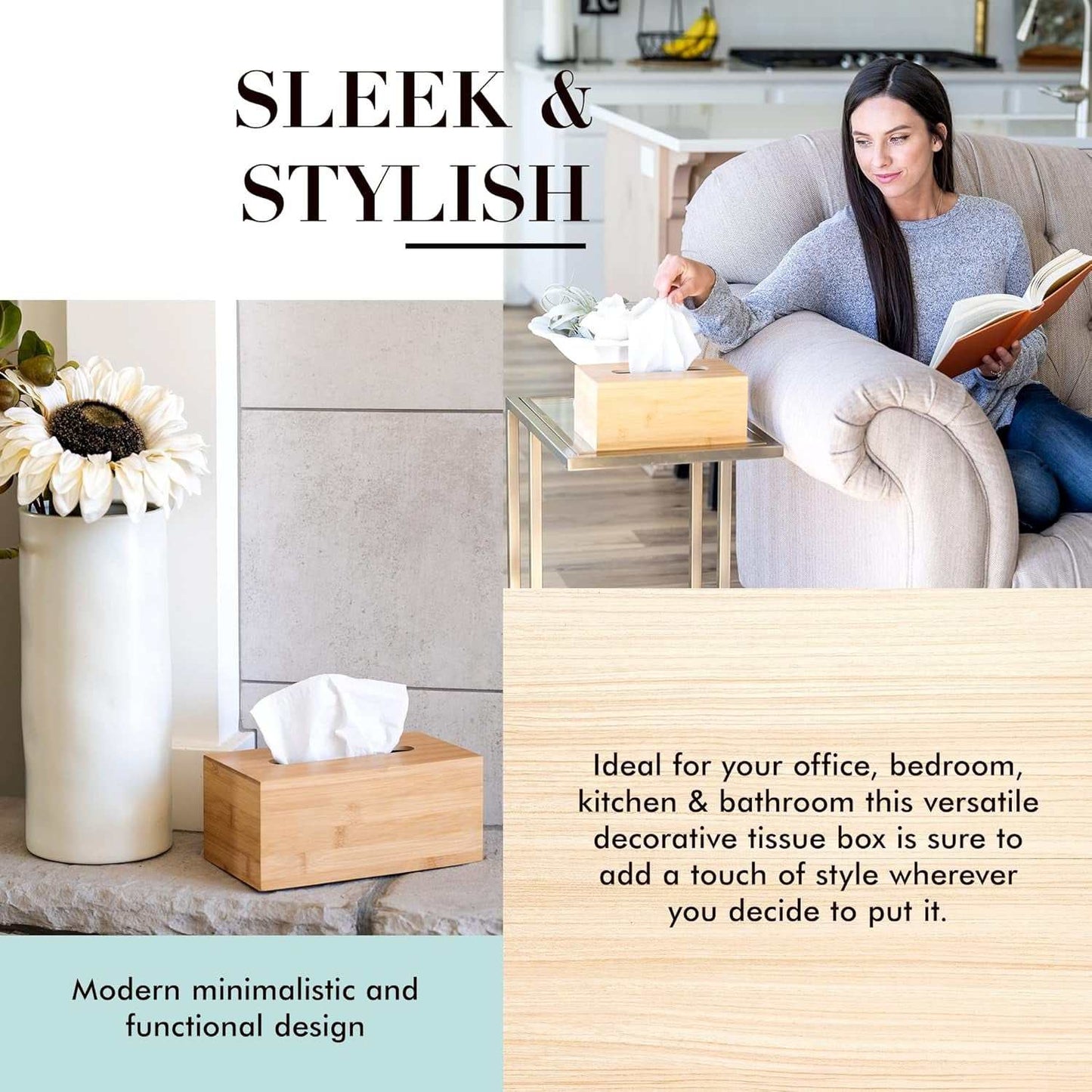Wooden Tissue Box with bamboo finish, sleek design, and sliding bottom panel for home decor.