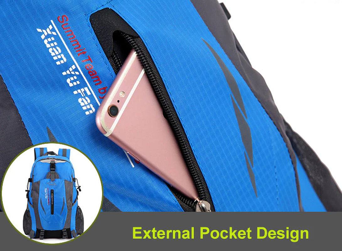 Blue rucksack backpack with external pocket holding a smartphone, featuring a multi-compartment design for travel and daily use.