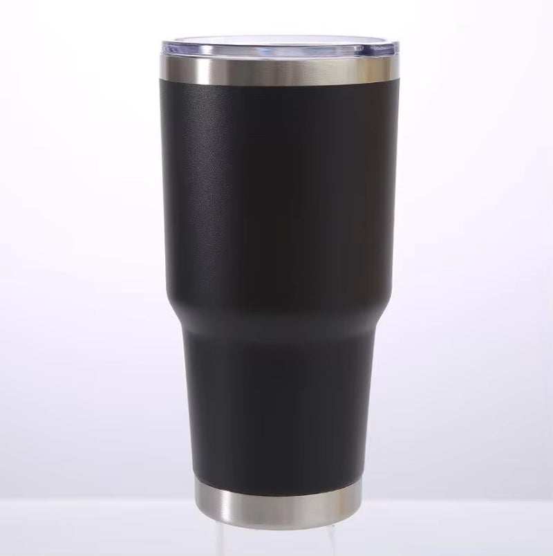 Stainless steel travel tumbler with leak-proof lid, insulated for hot and cold beverages.