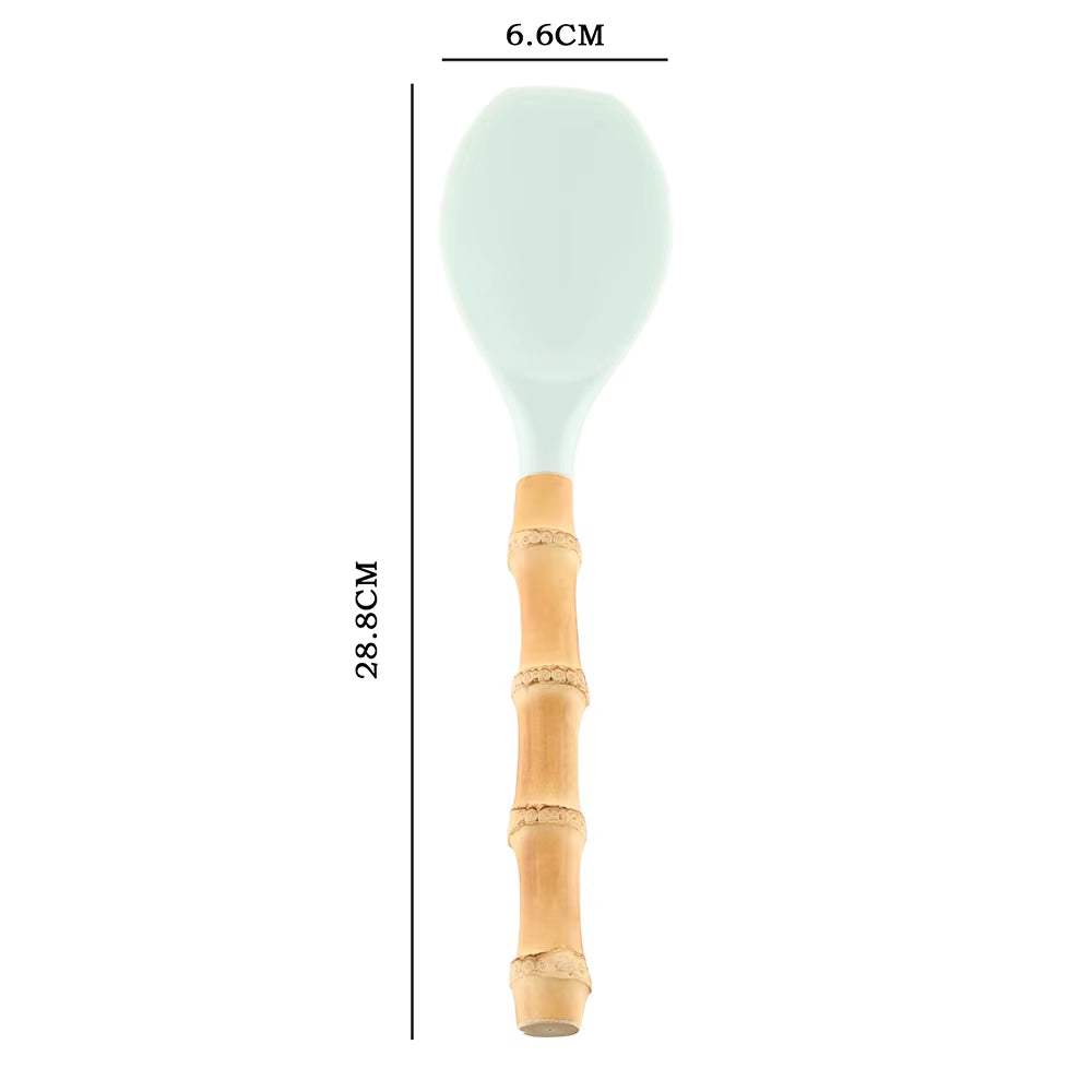 Bamboo kitchenware root silicone kitchenware set utensil with bamboo handle and silicone head, eco-friendly and heat-resistant.