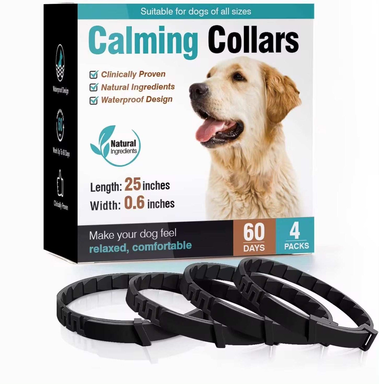 Set of four black calming pheromone collars for dogs to reduce anxiety and stress, adjustable and waterproof design.