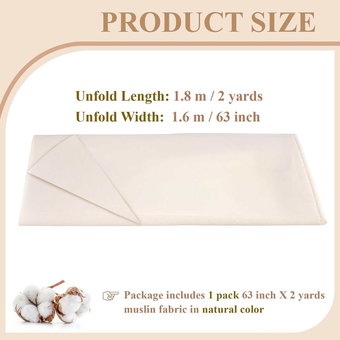 Cotton muslin fabric, 63" wide, 2 yards, natural off-white.